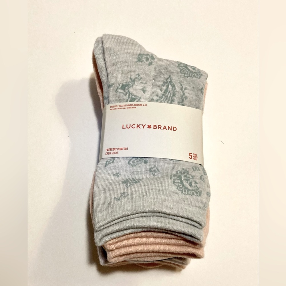 5PR LUCKY 🍀 BRAND SOCKS CREW LENGTH ASSORTED COLORS LUCKBRAND LOGO. SIZE 4-10